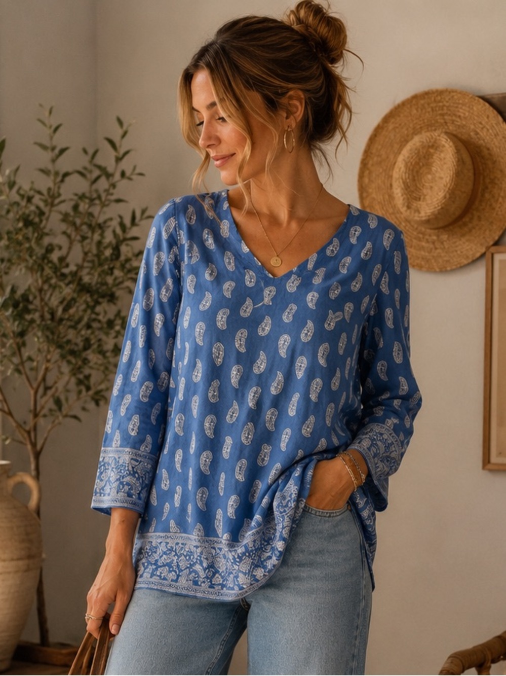 J. Jill Blue Paisley 100% Cotton Tunic Top Western Size Large Boho